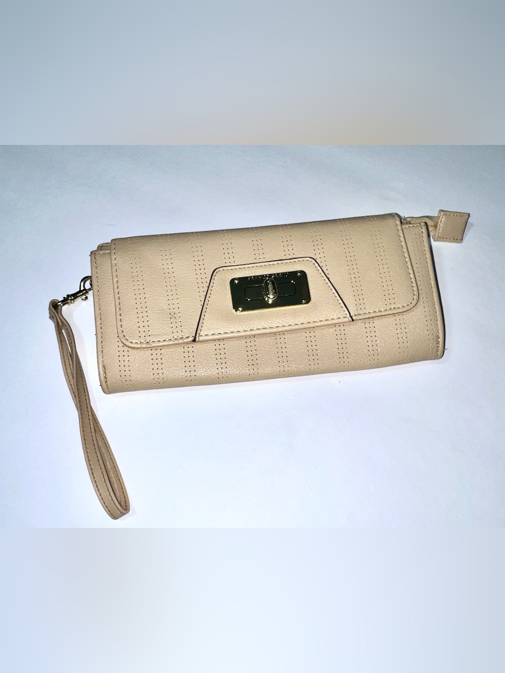 Franco Sarto Cream Wristlet Wallet Zip Logo Strap Roomy
